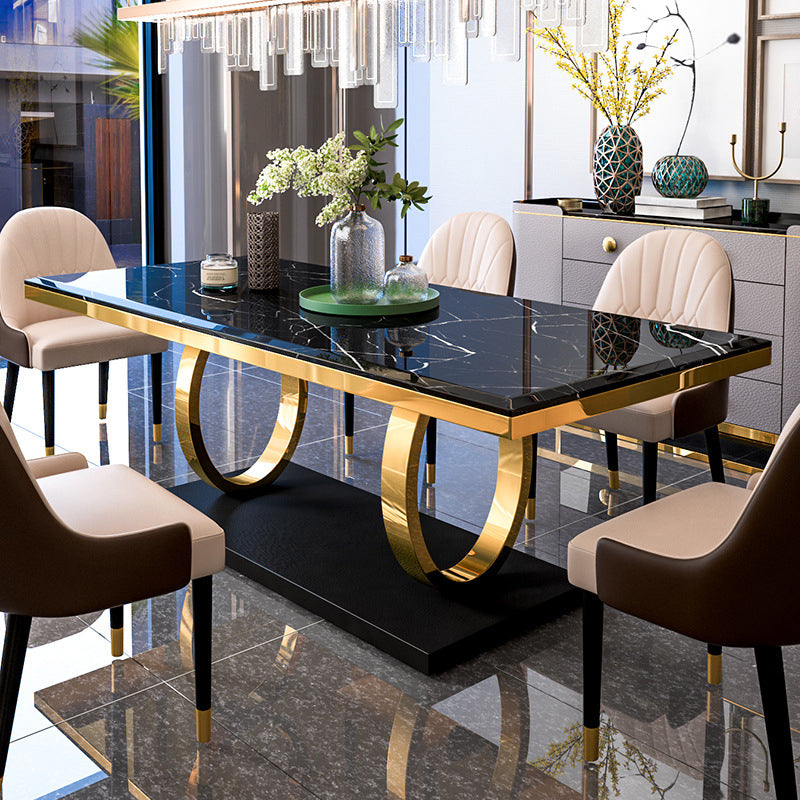 Mesa de comedor de lujo tradicional, mesa de comedor rectangular de piedra con marco dorado para uso doméstico