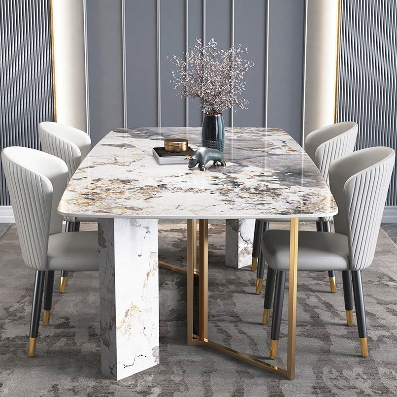 Traditional Luxury Dining Table Rectangle Sintered Stone Dining Table with Gold Frame for Home