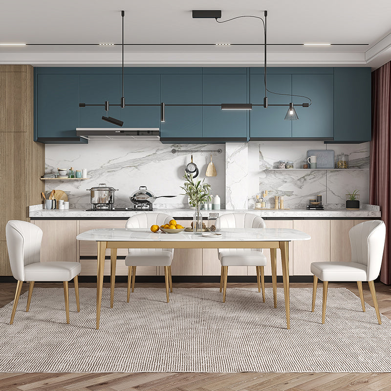 Luxury Sintered Stone Dining Table Rectangle Table with Metal Base and 4 Legs in Gold