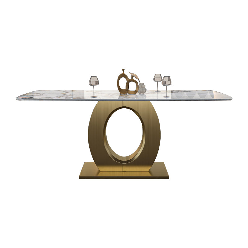 Luxury Sintered Stone Dining Table Rectangle White Table with Metal Pedestal in Gold