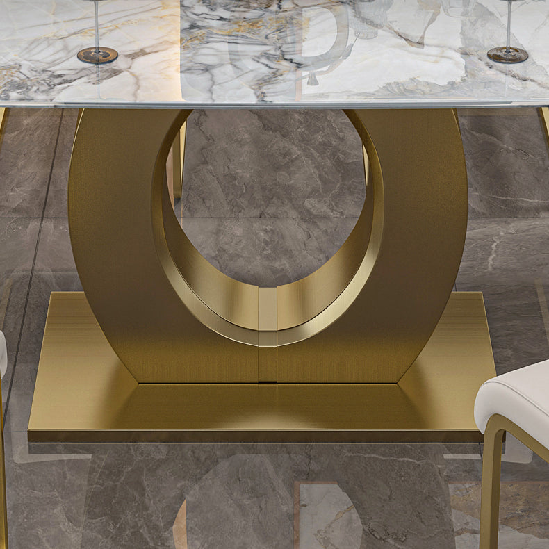 Luxury Sintered Stone Dining Table Rectangle White Table with Metal Pedestal in Gold
