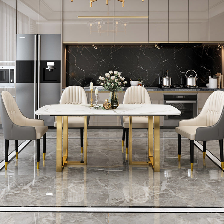 Luxury Sintered Stone Dining Table Rectangle Table with Double Pedestal in Gold