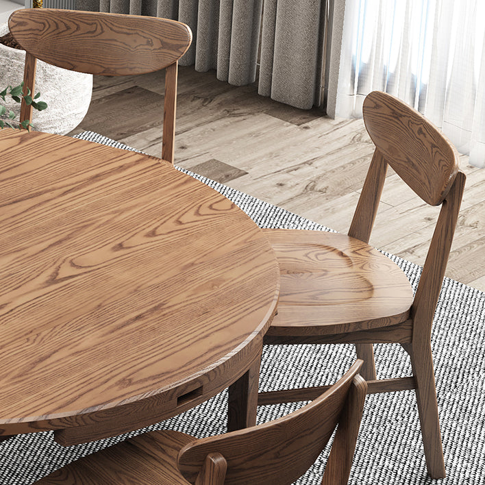 Extendable Ash Wood Dining Table for Restaurant Modern Brown Round Table with 4 Legs
