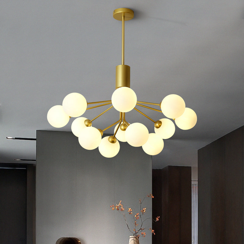 Moderno lampadario artistico a bordo in globe lampadina in ferro laccata con tonalità di vetro bianco