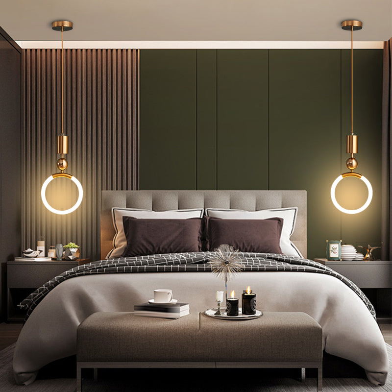 1-Light LED Circle Suspended Lighting Fixture Gold Pendant Light Kit for Bedroom