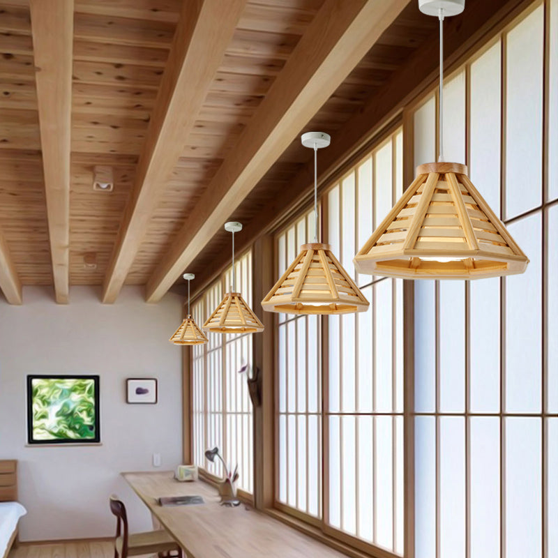 Pyramid Shape Hanging Lighting Modern Style Wood 1 Light Pendant Lamp for Dining Room