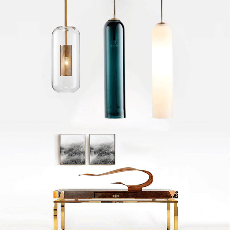Modern Concise Cylindrical Pendant Light Wrought Iron Single Hanging Lamp with Glass Shade