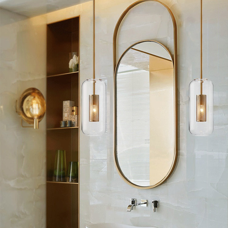 Modern Concise Cylindrical Pendant Light Wrought Iron Single Hanging Lamp with Glass Shade