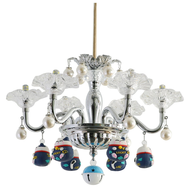 Clear Glass Chandelier Modern 6-Light Silver Suspension Light for Bedroom