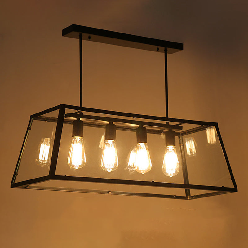 Industrial Style Island Pendant Glass 4 Light Island Light in Black for Restaurant