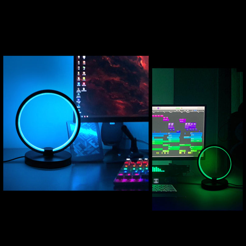 Lampe de table circulaire en métal, lampe de table contemporaine à rythme musical RVB pour chambre à coucher