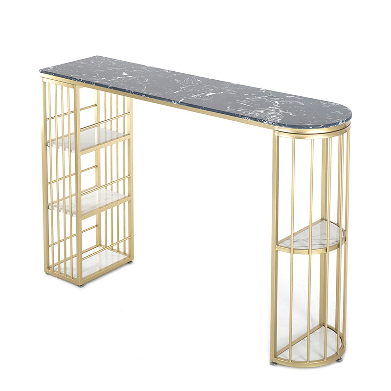 Marble Indoor Glam Bar Dining Table Gold Iron Double Pedestal Bistro Table with Shelve