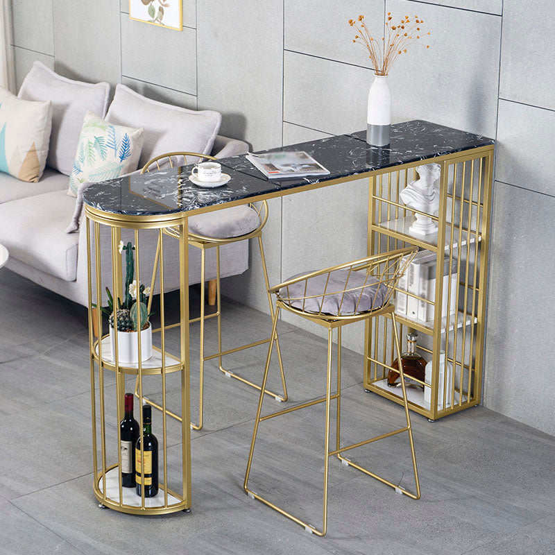 Marble Indoor Glam Bar Dining Table Gold Iron Double Pedestal Bistro Table with Shelve