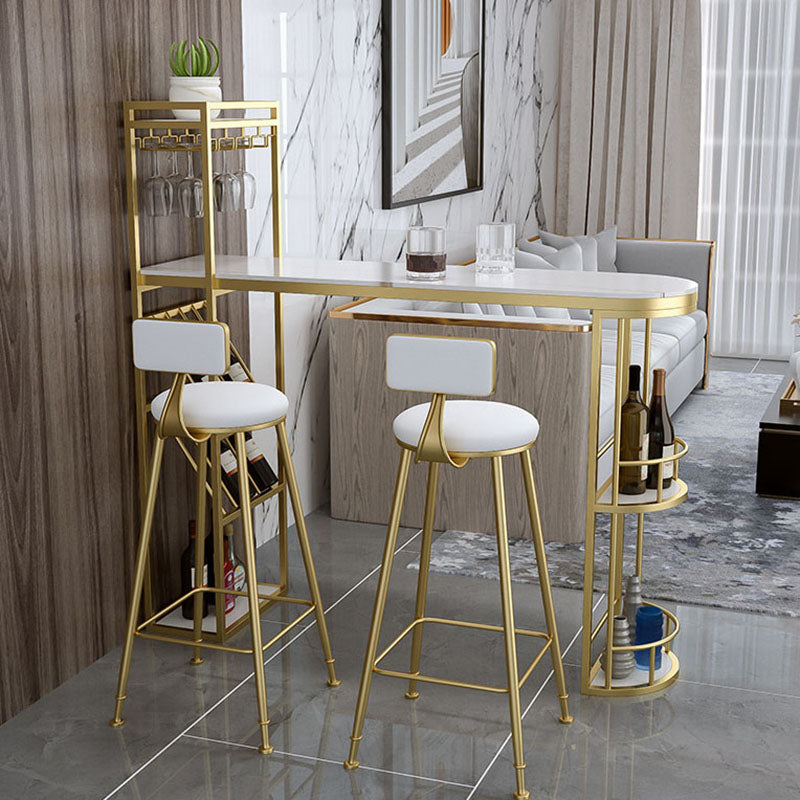 Stone Indoor Glam Bar Dining Table Metal Double Pedestal Bistro Table with Wine Rack