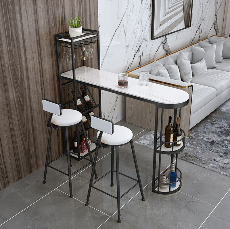 Stone Indoor Glam Bar Dining Table Metal Double Pedestal Bistro Table with Wine Rack