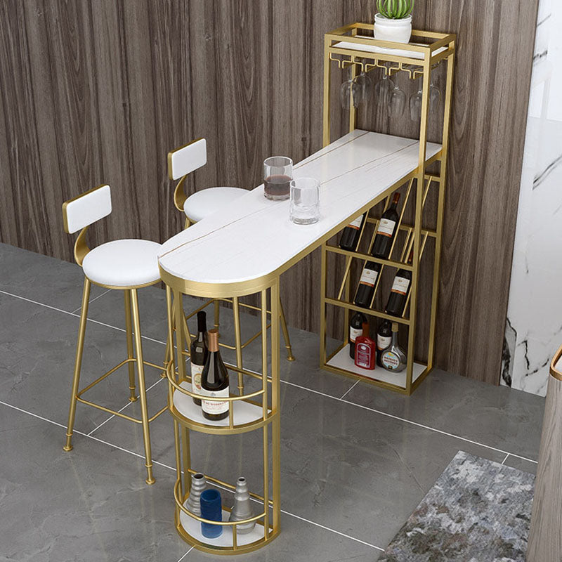 Stone Indoor Glam Bar Dining Table Metal Double Pedestal Bistro Table with Wine Rack