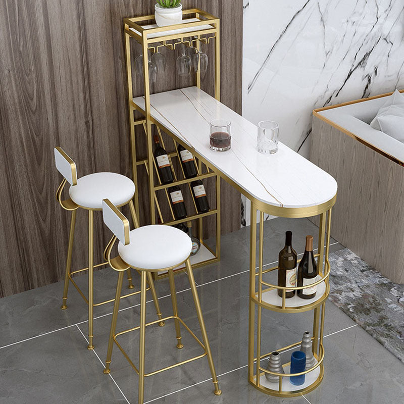 Stone Indoor Glam Bar Dining Table Metal Double Pedestal Bistro Table with Wine Rack