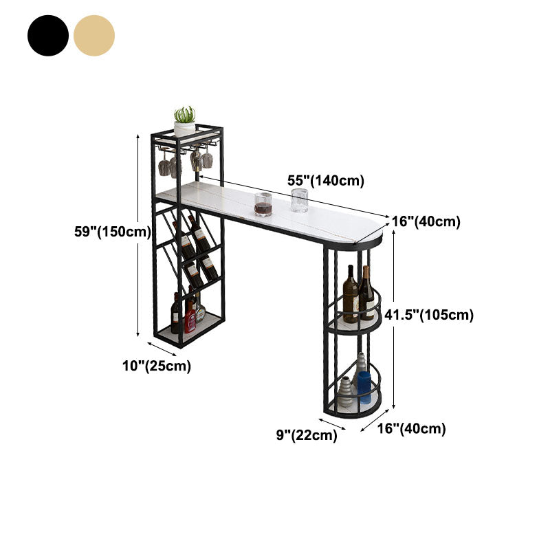 Stone Indoor Glam Bar Dining Table Metal Double Pedestal Bistro Table with Wine Rack
