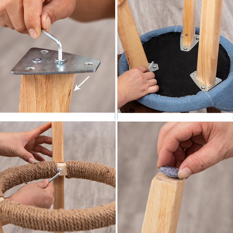 Taburete de bar con reposapiés de tela moderno, taburete redondo con respaldo bajo para interior con patas de madera