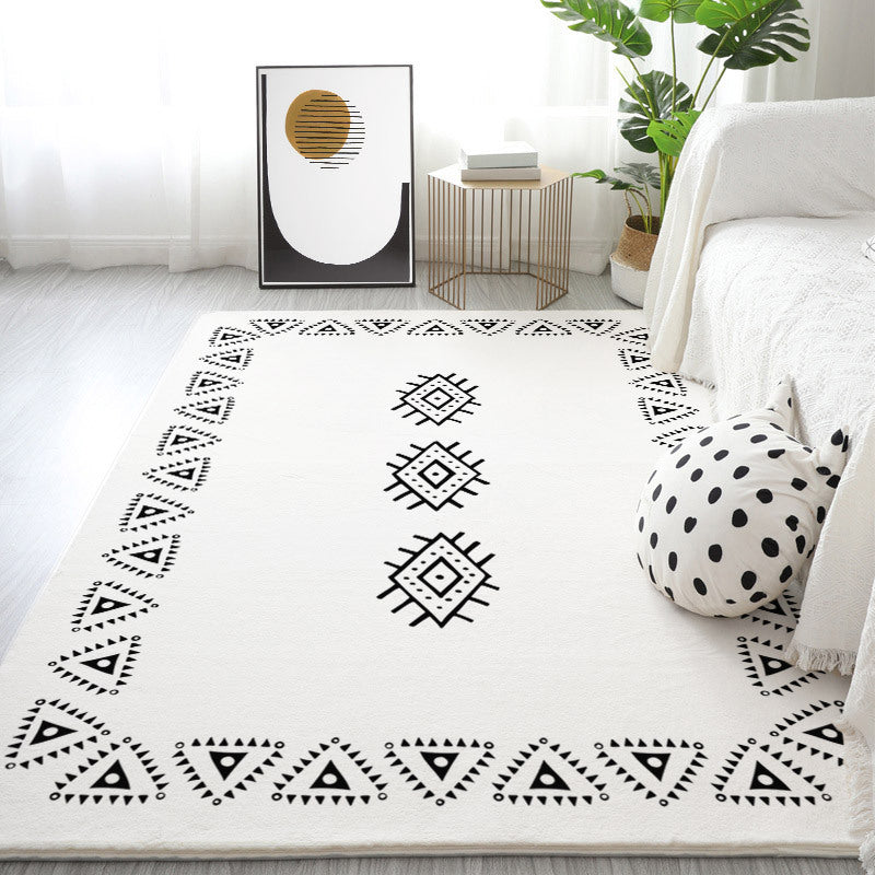 White Modern Rug Polyester Line Area Rug Non-Slip Backing Rug for Drawing Room