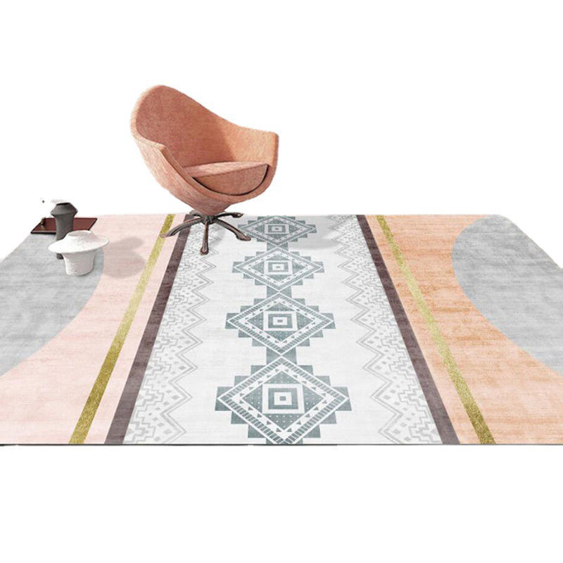 White Geometric Scheme Rug Polyester Casual Rug Washable Rug for Living Room