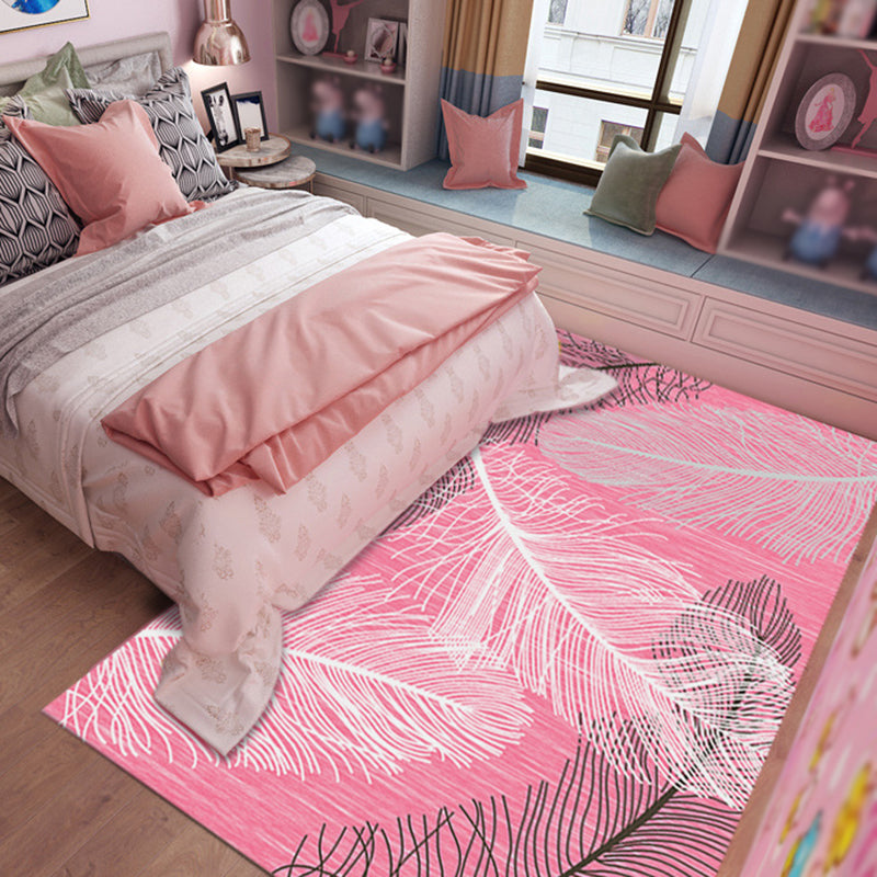 Dark Pink Simple Rug Polyester Plant Rug Stain Resistant Rug for Living Room