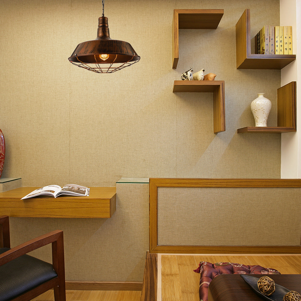 Retro Stylish Wire Guard Pendant Light with Barn Shade 10"/14"/18" Wide 1 Light Metal Hanging Fixture in Black/Bronze/Rust for Kitchen