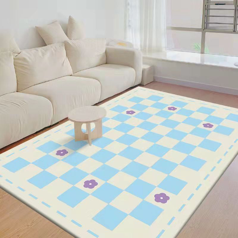 Black Modern Rug Polyester Check Pattern Rug Washable Rug for Living Room