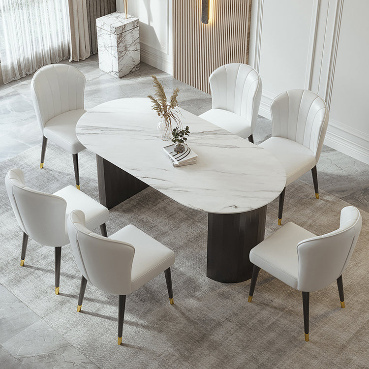 Mesa de comedor ovalada moderna mesa de comedor de piedra sinterizada blanca con base de pedestal doble para el hogar