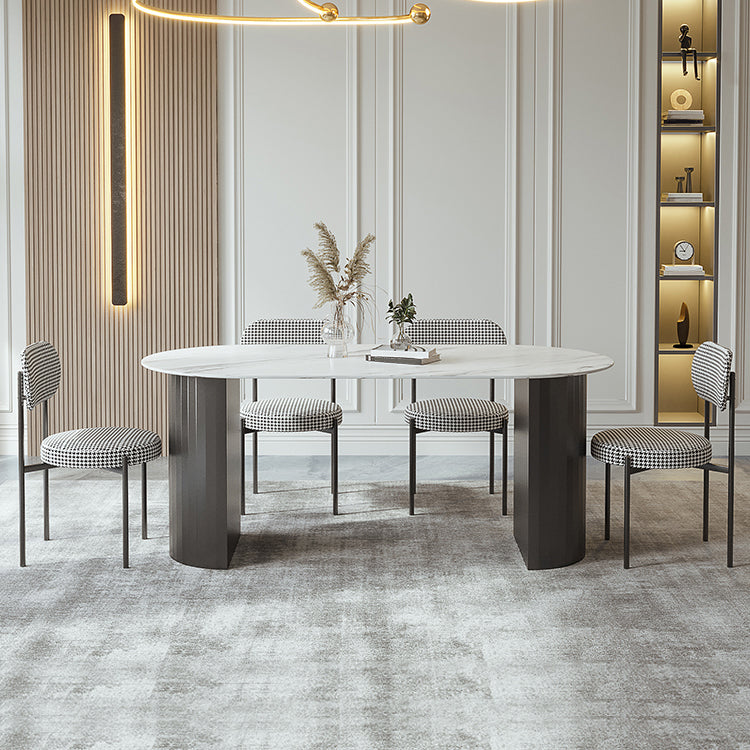 Mesa de comedor ovalada moderna mesa de comedor de piedra sinterizada blanca con base de pedestal doble para el hogar