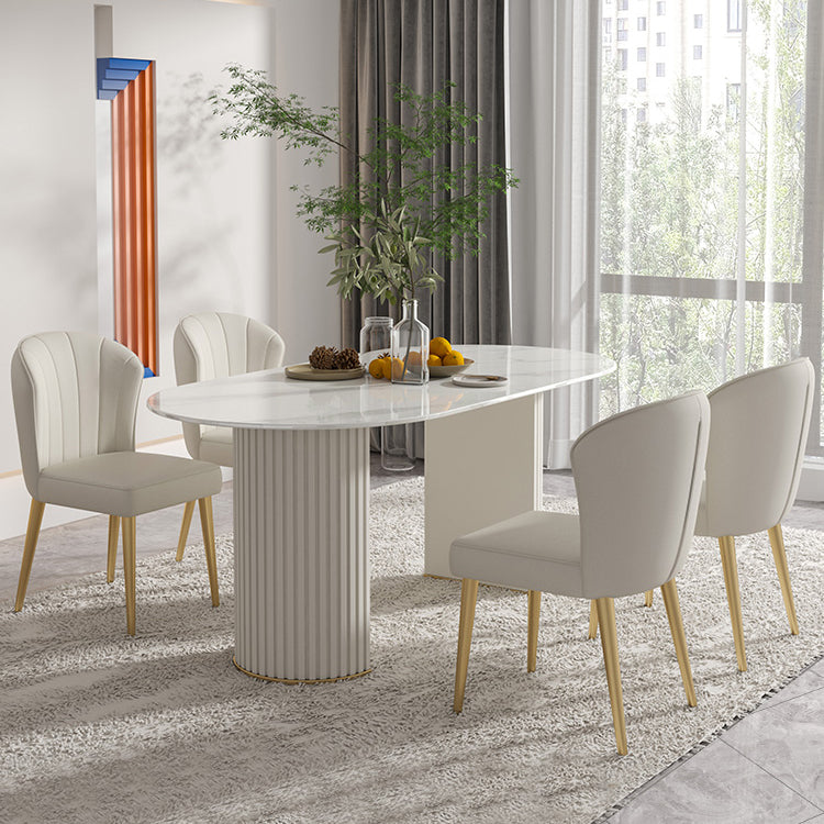 Mesa de comedor ovalada moderna mesa de comedor de piedra sinterizada blanca con base de pedestal doble para el hogar