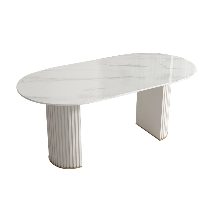 Mesa de comedor ovalada moderna mesa de comedor de piedra sinterizada blanca con base de pedestal doble para el hogar