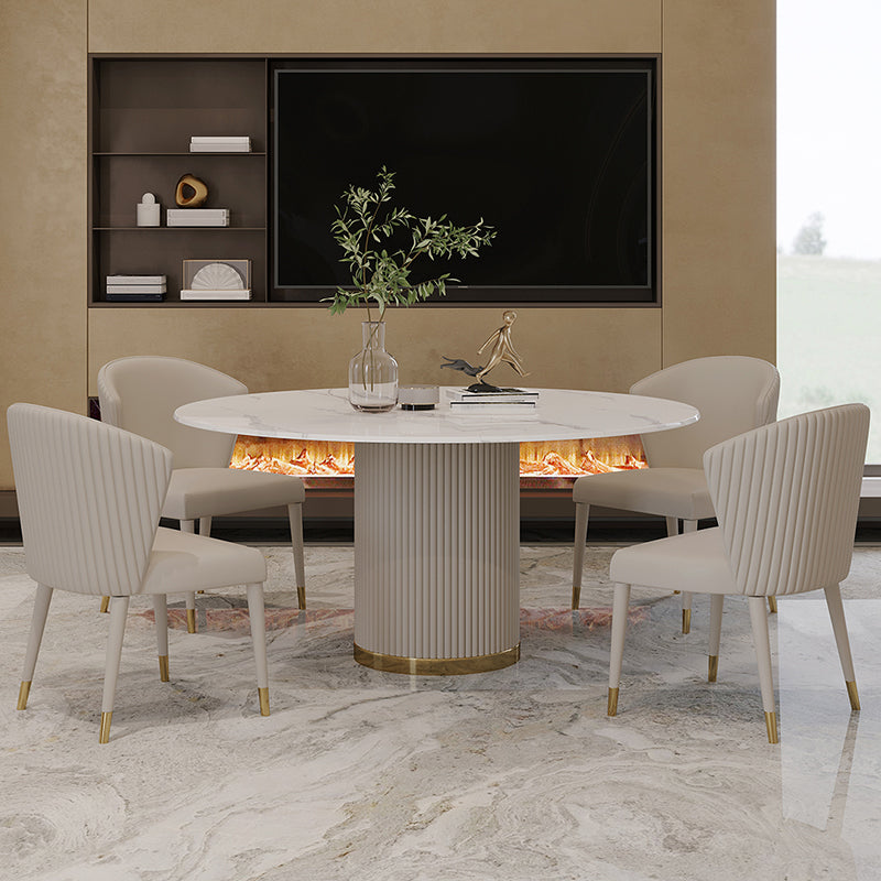 Mesa de comedor de piedra sinterizada mesa redonda de lujo con pedestal de metal en blanco