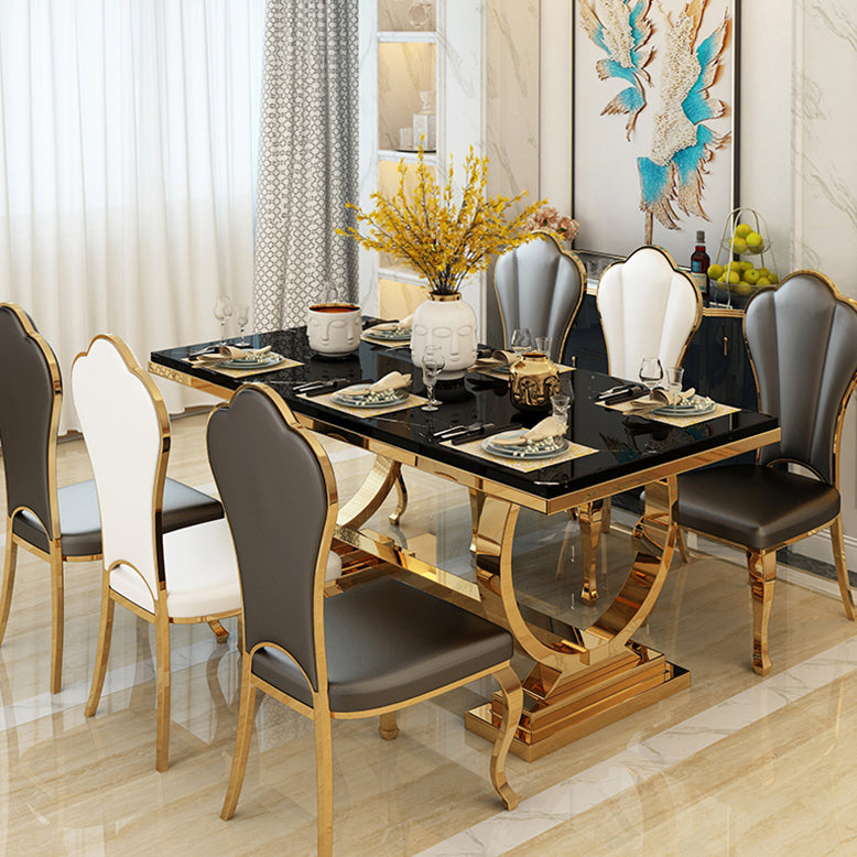 Mesa de comedor de mármol con forma rectangular Glam, mesa de comedor estándar con bases de pedestal dobles