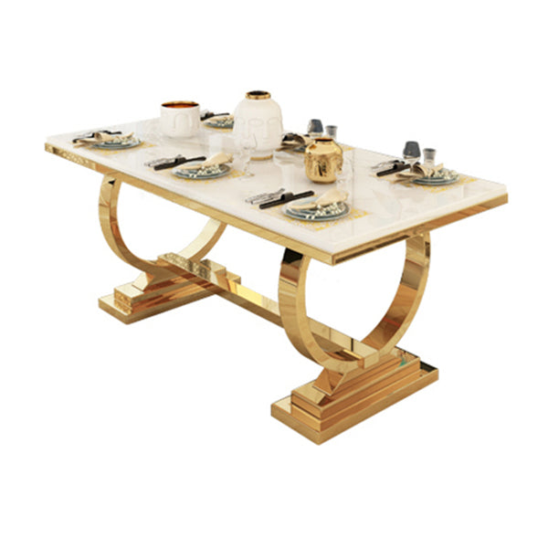 Mesa de comedor de mármol con forma rectangular Glam, mesa de comedor estándar con bases de pedestal dobles