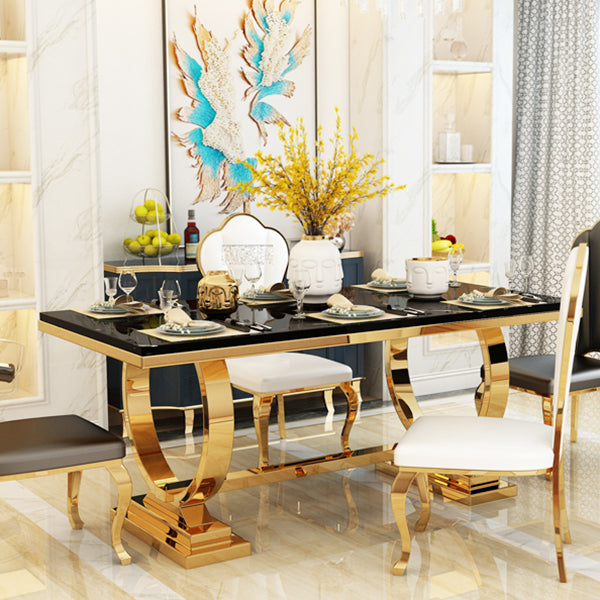 Mesa de comedor de mármol con forma rectangular Glam, mesa de comedor estándar con bases de pedestal dobles