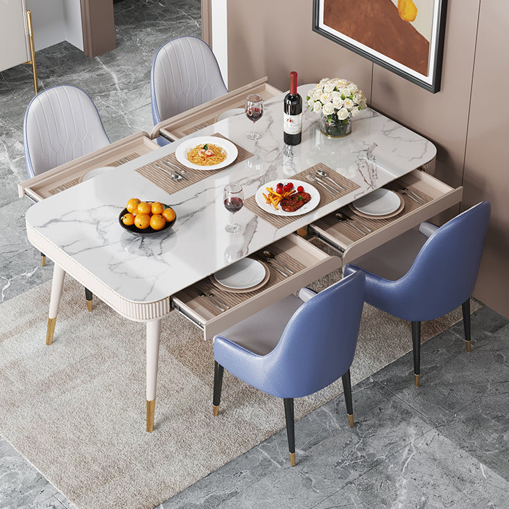 Glam White Kitchen Dining Table Sintered Stone Rectangle Dining Table with 4 Legs