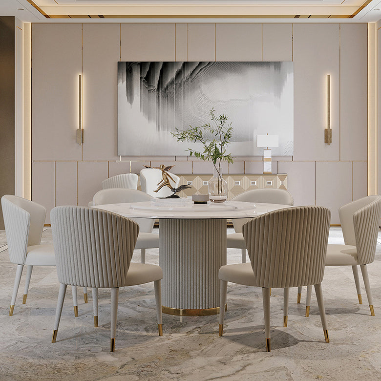 Traditional Luxury Round Dining Table White Sintered Stone Table with Pedestal Base