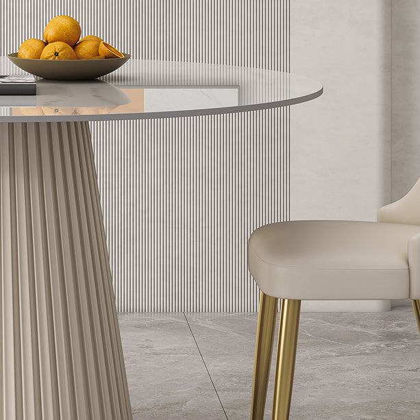 Round Traditional Luxury Dining Table White Sintered Stone Table with White Pedestal Base