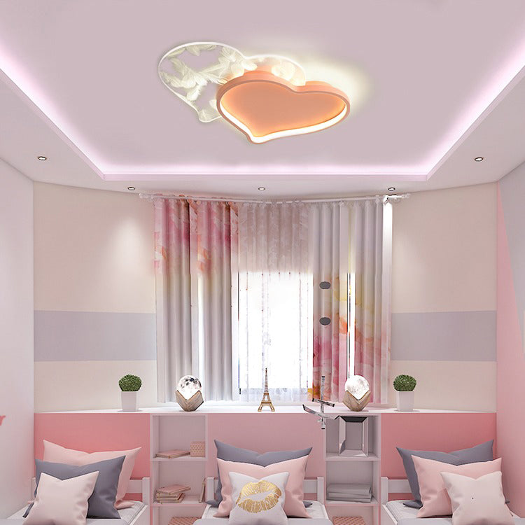 Heart Shape Feather Ceiling Lamp Modern Iron 2 Lights Flush Mount for Bedroom