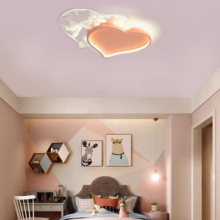Heart Shape Feather Ceiling Lamp Modern Iron 2 Lights Flush Mount for Bedroom