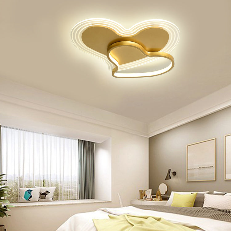 Heart Shape Feather Ceiling Lamp Modern Iron 2 Lights Flush Mount for Bedroom