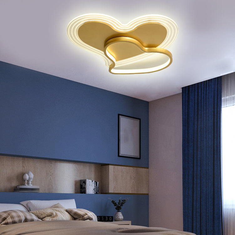 Heart Shape Feather Ceiling Lamp Modern Iron 2 Lights Flush Mount for Bedroom