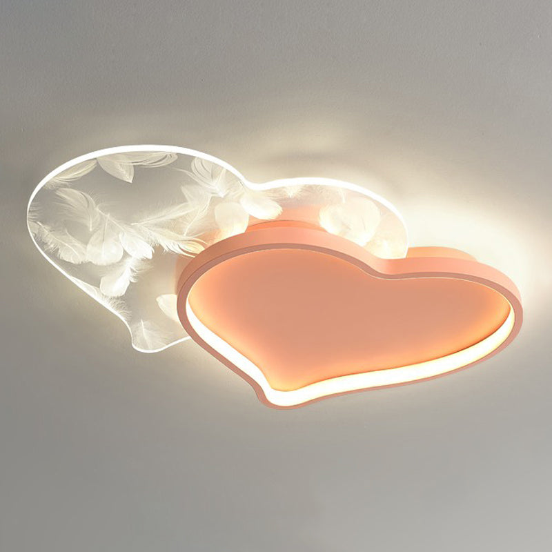 Heart Shape Feather Ceiling Lamp Modern Iron 2 Lights Flush Mount for Bedroom