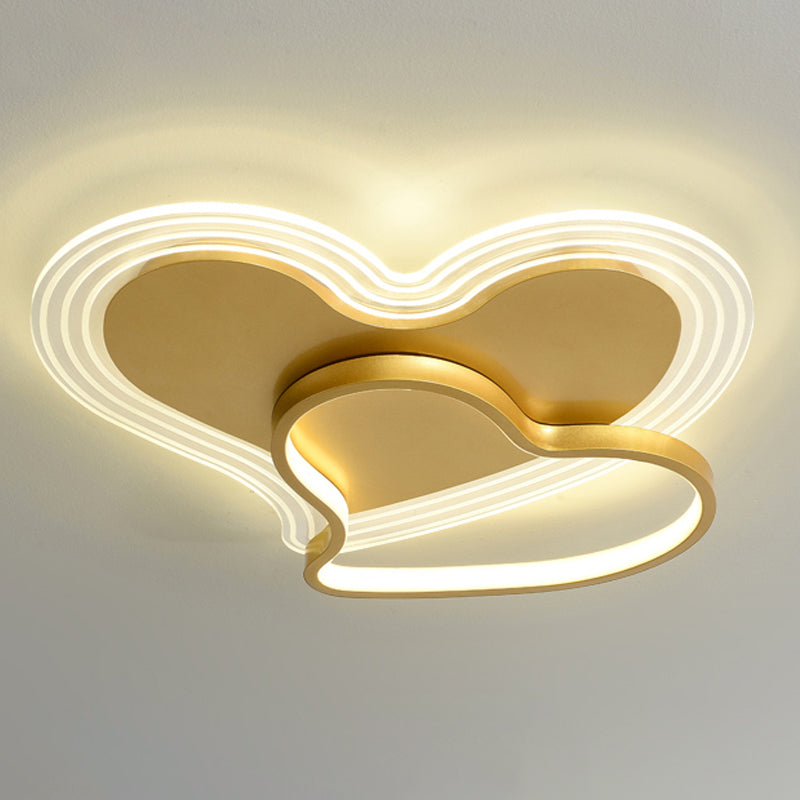 Heart Shape Feather Ceiling Lamp Modern Iron 2 Lights Flush Mount for Bedroom