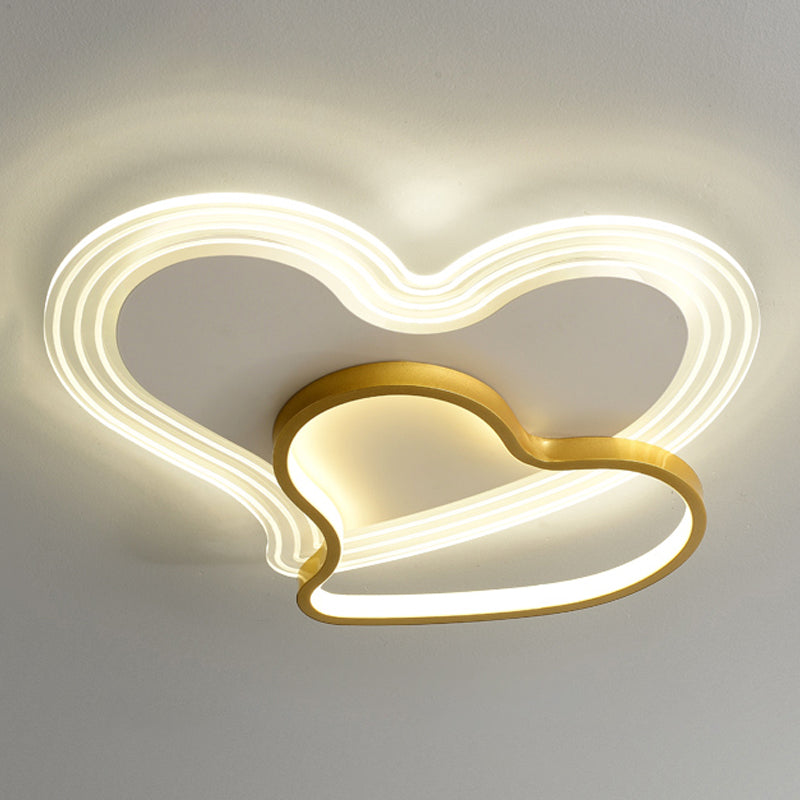 Heart Shape Feather Ceiling Lamp Modern Iron 2 Lights Flush Mount for Bedroom