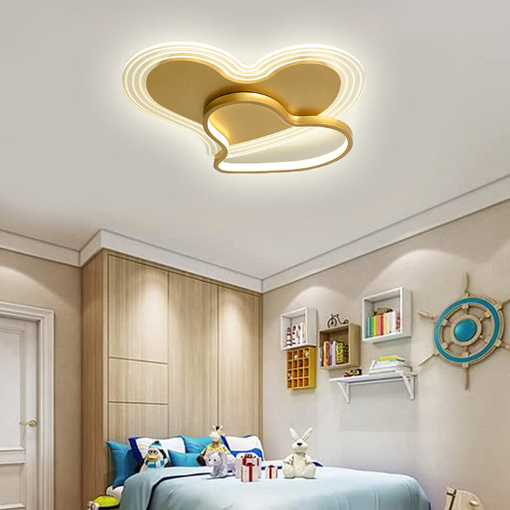 Heart Shape Feather Ceiling Lamp Modern Iron 2 Lights Flush Mount for Bedroom