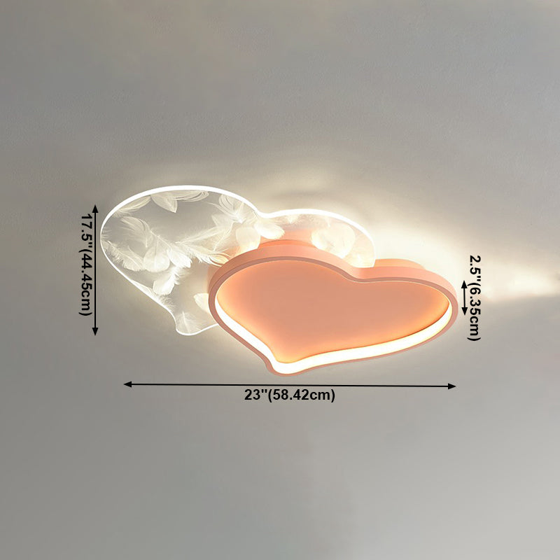 Heart Shape Feather Ceiling Lamp Modern Iron 2 Lights Flush Mount for Bedroom