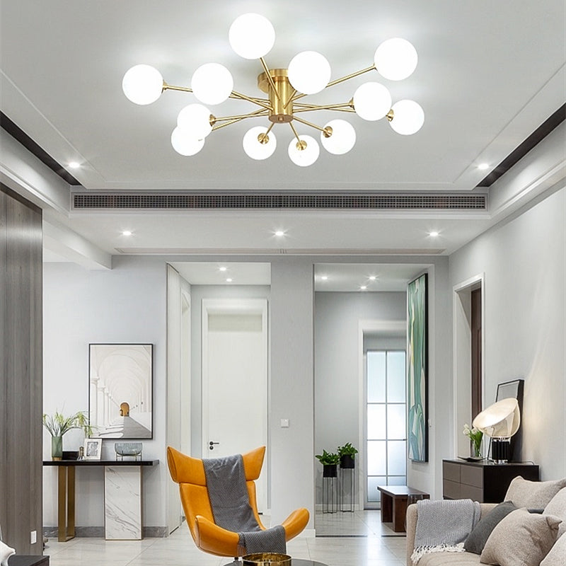 Modern Artistic Semi Flush Mount Copper Globe Ceiling Fixture with White Glass Shade