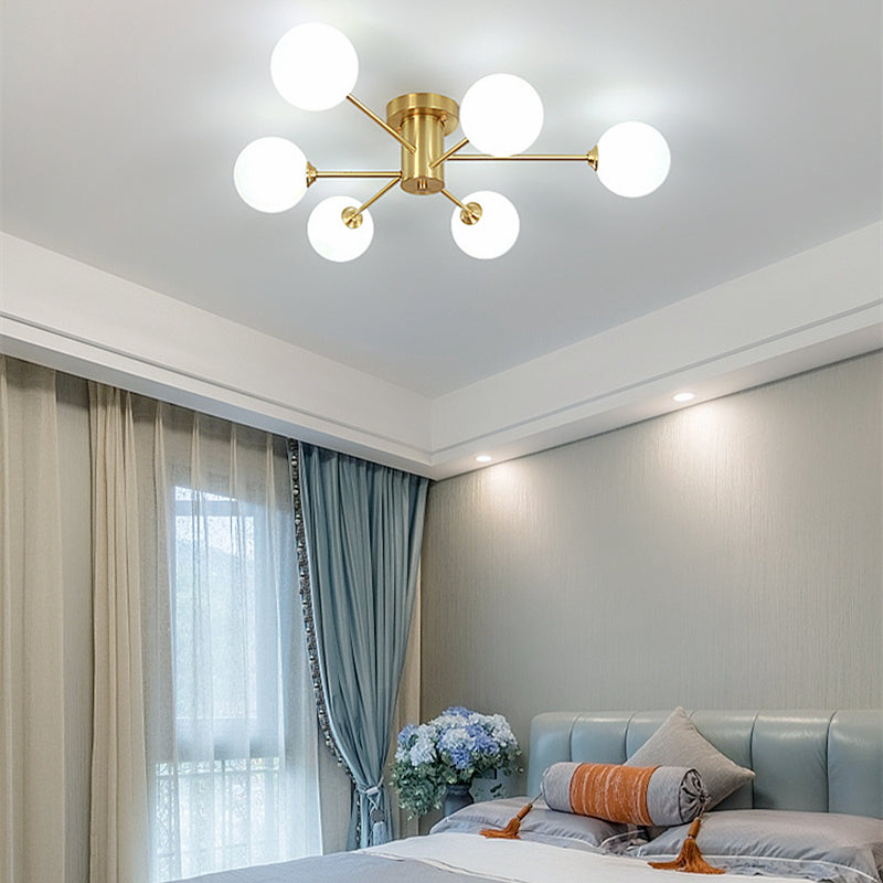 Modern Artistic Semi Flush Mount Copper Globe Ceiling Fixture with White Glass Shade